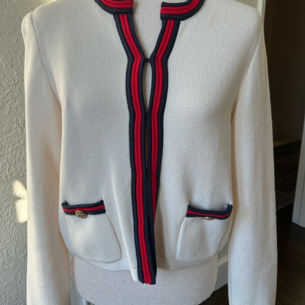J.Crew Cream Lady Jacket Cardigan with Navy and Red Trim